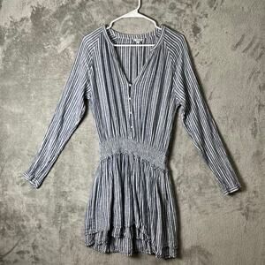 RAILS Jasmine Mini Dress in Tibet Stripe Large Blue Linen Blend Smocked Waist